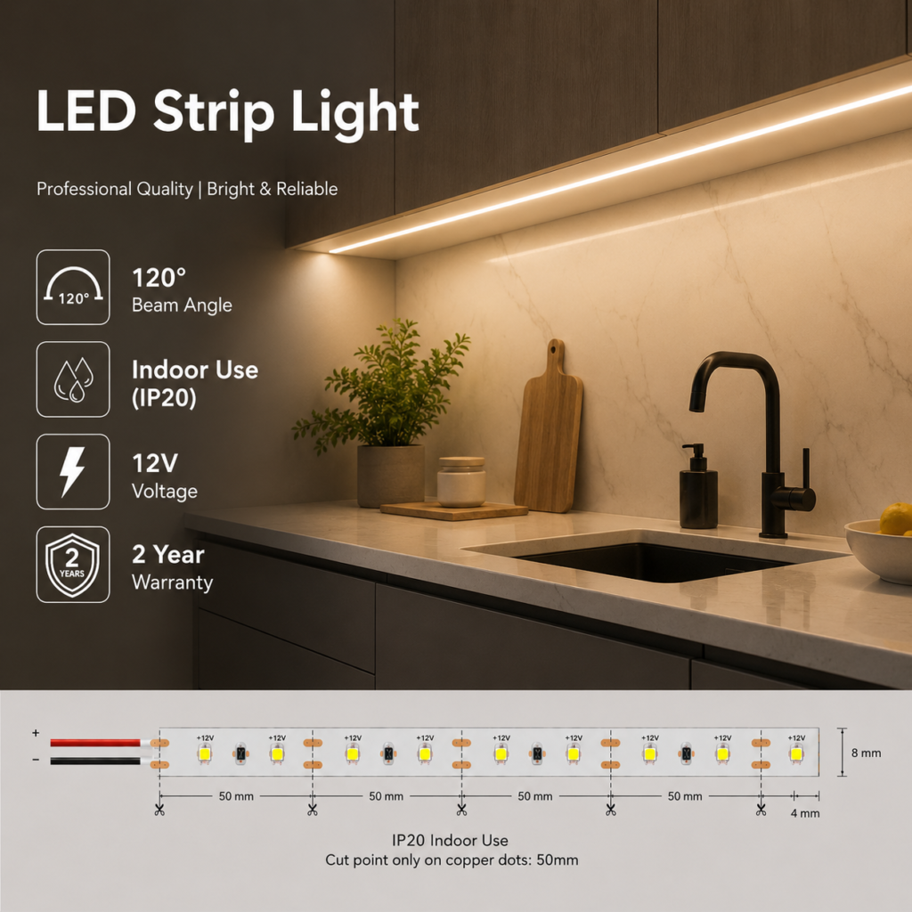9.6w 12v ip20 strip light (8mm)