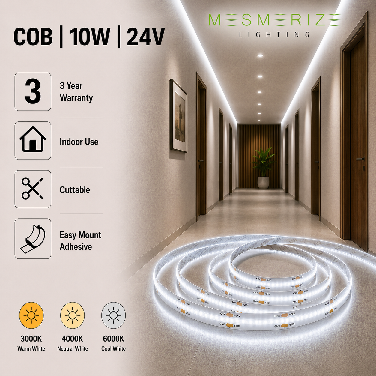 seamless series 10w/meter dc24v cob led strip light indoor