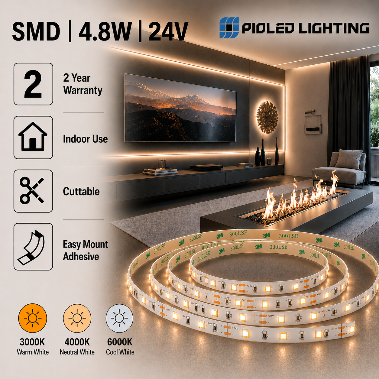 4.8w 24v ip20 strip light (8mm)